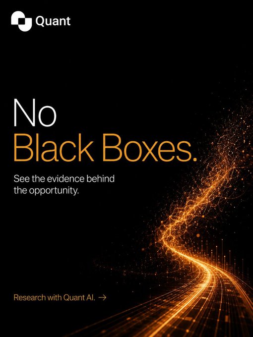 An advertisement for "Quant" features the tagline "No Black Boxes. See the evidence behind the opportunity," alongside an abstract orange light trail and a call to action for "Research with Quant AI." The ad aligns with the post's skepticism of unexplained AI financial advice by positioning Quant as a transparent platform that reveals the underlying strategy and market conditions behind its investment signals rather than offering opaque recommendations.