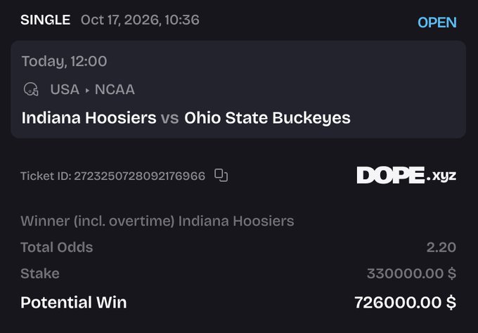 A betting slip on DOPE.xyz shows a $330,000 stake on Indiana Hoosiers to beat Ohio State Buckeyes at 2.20 odds, yielding a potential win of $726,000. The image serves as promotional material for DOPE.xyz, highlighting their high-stakes betting platform and large bonus offerings as part of a giveaway campaign.