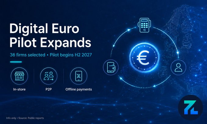 An infographic titled 'Digital Euro Pilot Expands' announcing that 36 firms have been selected, with the pilot beginning H2 2027, featuring icons for in-store, P2P, and offline payments.