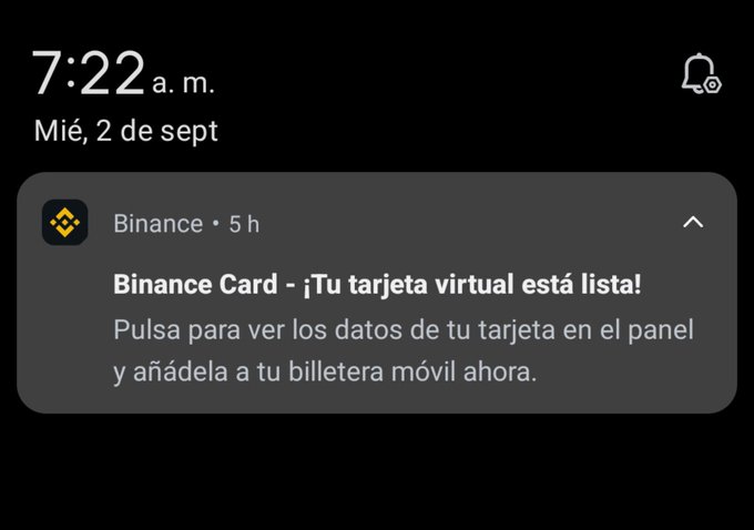 A mobile notification screenshot at 7:22 a.m. on Wednesday, September 2nd, displaying a Binance alert in Spanish stating 'Binance Card - ¡Tu tarjeta virtual está lista!'