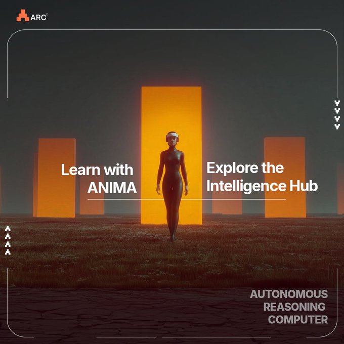A futuristic figure stands before glowing orange portals in a dark landscape, with text reading "Learn with ANIMA," "Explore the Intelligence Hub," and "AUTONOMOUS REASONING COMPUTER," alongside the ARC logo. The image visually represents the post's message about ARC Terminal's ANIMA functioning as an advanced AI research tool, symbolizing the portal to deeper knowledge and reasoning in crypto and AI exploration.
