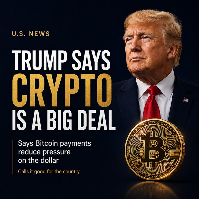 This image features Donald Trump alongside a large Bitcoin coin, with text stating "TRUMP SAYS CRYPTO IS A BIG DEAL" and further details about his views on Bitcoin payments.