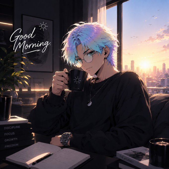 An anime-style illustration of a young man with light blue and pink hair wearing glasses, sipping from a black mug with a sun symbol, with 'Good Morning.' text, books labeled 'DISCIPLINE, FOCUS, GROWTH, FREEDOM', and a sunset city view.