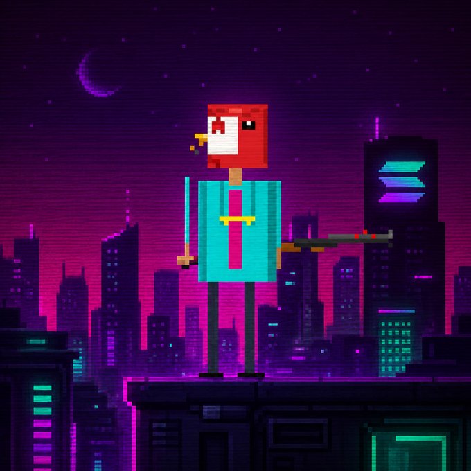 The image features a cartoon character standing on top of a building, holding a gun. The character appears to be wearing a mask with red eyes and a white face. The background shows a city skyline at night, which adds an urban atmosphere to the scene. The caption below the image reads "$hotlinesol live now on @Pumpfun #solanaCA: A176kwgFtvsu9kQBhcAfvQu4a45Wpg8Sv7tiEZp2pump pump.fun/coin/A176kwgFt ... #memecoinonsolana #memecoinsol".