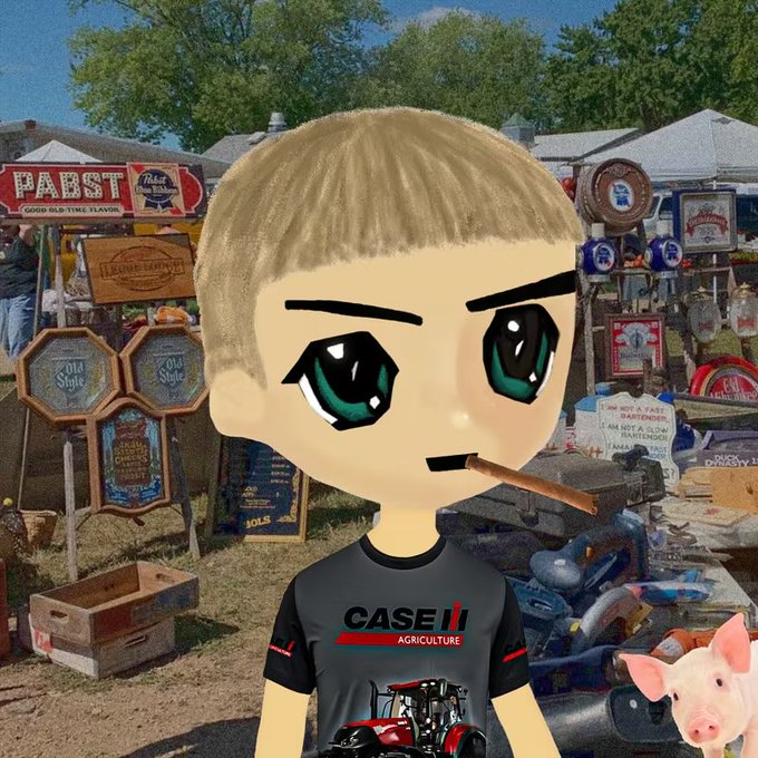 A 3D anime-style character with green eyes, a blunt in their mouth, and a "CASE IH Agriculture" shirt stands in front of an outdoor flea market scene featuring a "PABST" beer sign and a small pig.