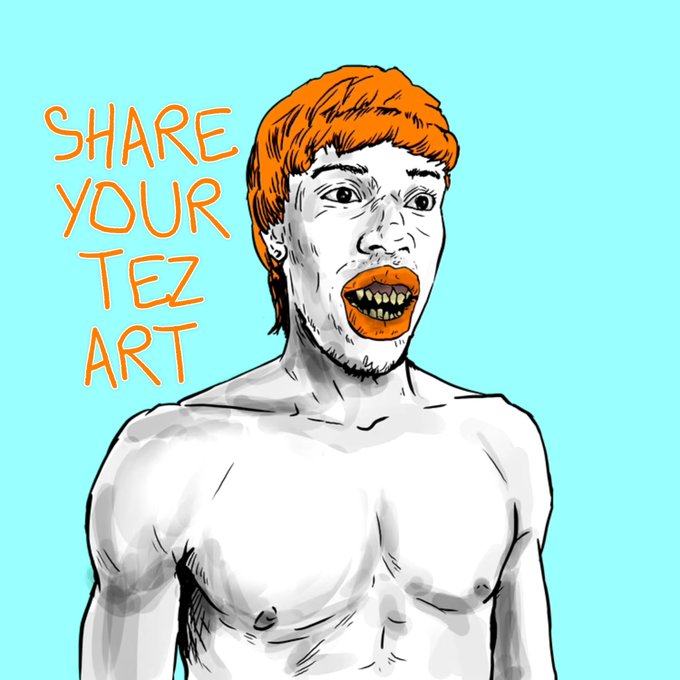 A stylized digital drawing of a bare-chested figure with orange hair and an exaggerated, open-mouthed expression, with the hand-lettered text 'SHARE YOUR TEZ ART' on a teal background.