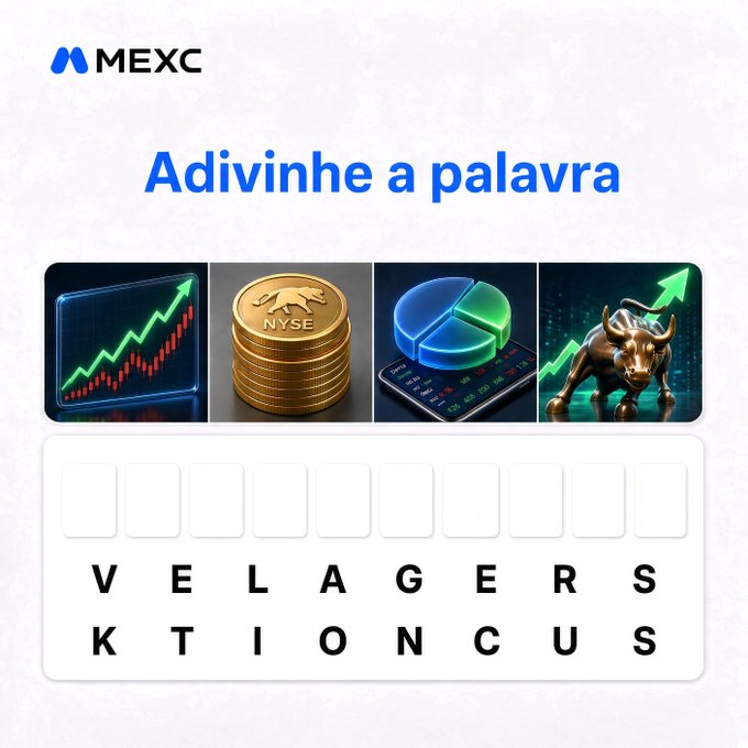 A MEXC "Adivinhe a palavra" (Guess the word) puzzle showing four finance-related images (a green rising chart, an NYSE gold coin, a pie chart, and a bull) with 10 empty letter slots and the available letters "V E L A G E R S / K T I O N C U S" below, tied to a giveaway where 2 winners receive 10 USDT each until October 1.