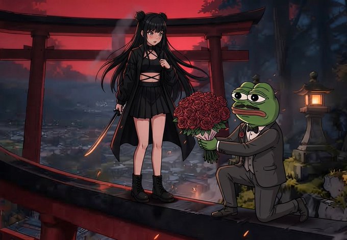 An anime-style illustration shows a long-haired girl in a black outfit holding a sword next to an anthropomorphic frog in a suit offering her a large bouquet of red roses, set against a Japanese torii gate and red sunset background.