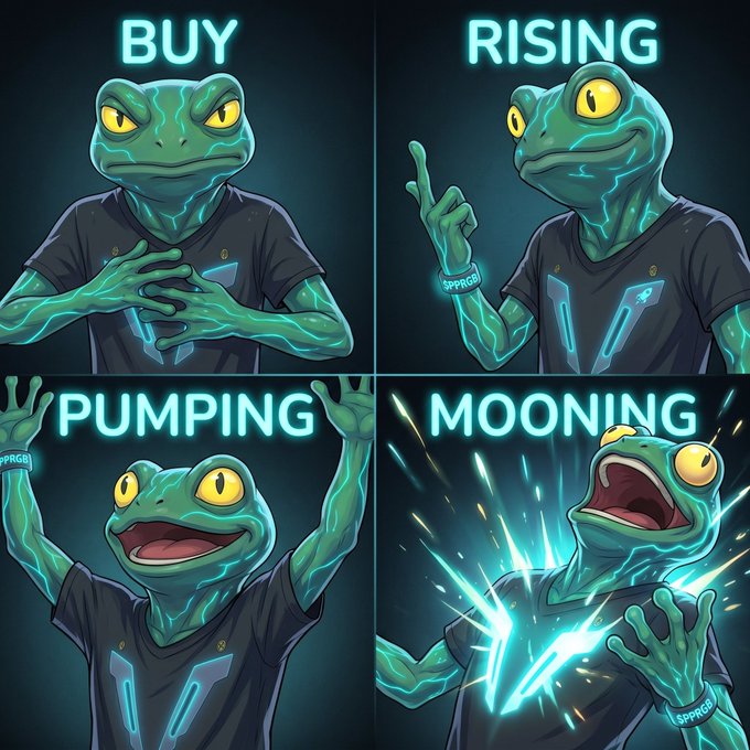 A four-panel meme illustration of a green frog-like character in different cryptocurrency hype stages: 'BUY', 'RISING', 'PUMPING', and 'MOONING', with the final panel showing the character dramatically shooting into the sky with energy effects.