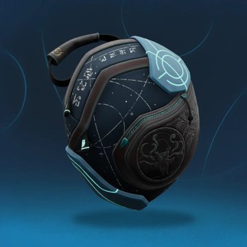 A dark, spherical sci-fi helmet or mask with glowing teal accents, runic symbols, and an octopus emblem, set against a blue background.