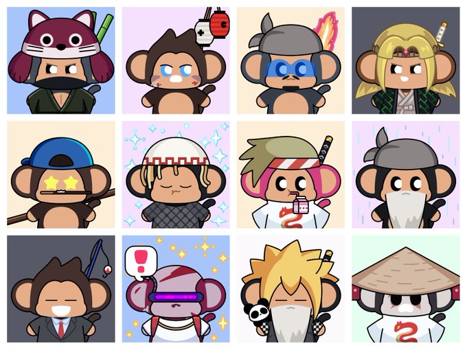 The image features a grid of twelve cartoon monkey heads with various styles and colors, each wearing different hats or headgear. The monkeys are arranged in four rows of three, showcasing their unique appearances and personalities. The caption below the image reads "On Chimpers Ch Tuesday, we welcome a fresh wave of new holders to the Dojo! Grails, chimpsthetic PFPs, protocol Chimps", indicating that the post is related to the monkey characters in the image.