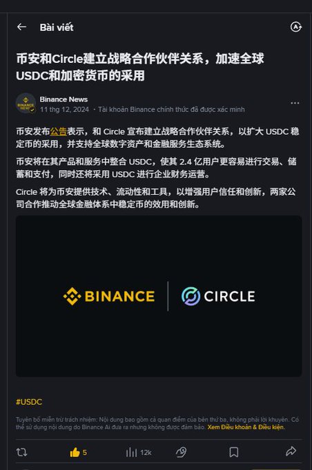 A Binance News post dated 11 thg 12, 2024 announcing a strategic partnership between Binance and Circle to accelerate global USDC and cryptocurrency adoption, featuring both companies' logos.