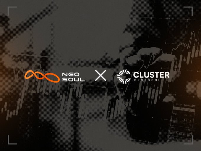 Promotional graphic featuring the NeoSoul and Cluster Protocol logos with an 'X' between them, set against a dark background with stock chart overlays.