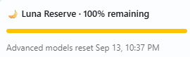 A notification from "Luna Reserve" showing "100% remaining" with the note "Advanced models reset Sep 13, 10:37 PM," highlighting the user's frustration with a non-functional or buggy Luna Reserve feature despite the full capacity indicator.