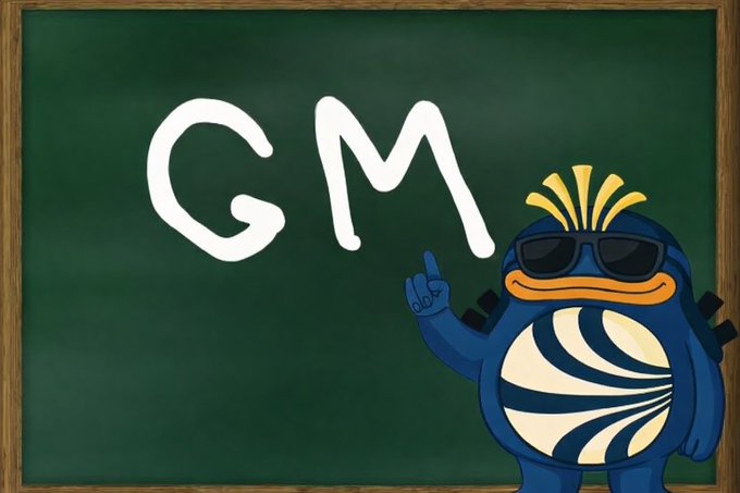 A 'GM' (Good Morning) graphic featuring a blue cartoon character with sunglasses and a mohawk standing in front of a green chalkboard.