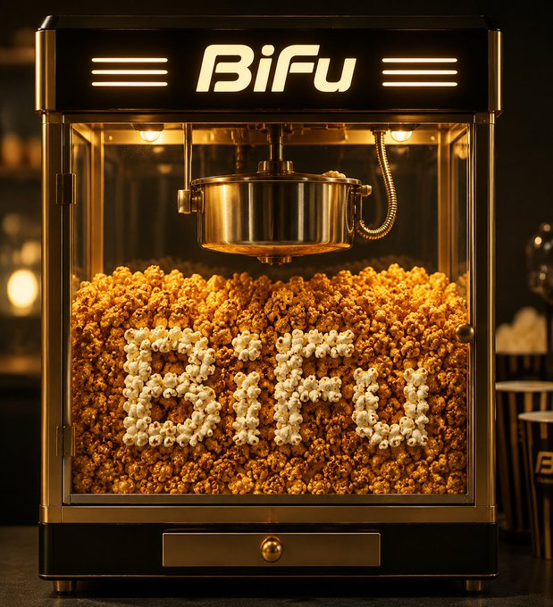 A vintage-style popcorn machine with 'BiFu' displayed on top and spelled out in white popcorn against a backdrop of caramel corn inside the glass case.
