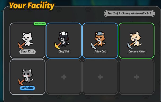 Mobile game screen titled 'Your Facility' showing a collection of cartoon cat characters (Smol Kitty, Chef Cat, Alley Cat, Creamy Kitty, Soft Kitty) with a label 'Tier 2 of 9 · Sunny Windowsill · 2×4'.