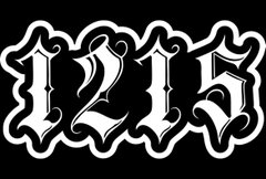 Black and white decorative gothic-style lettering displays the number '1215' in an ornate font.
