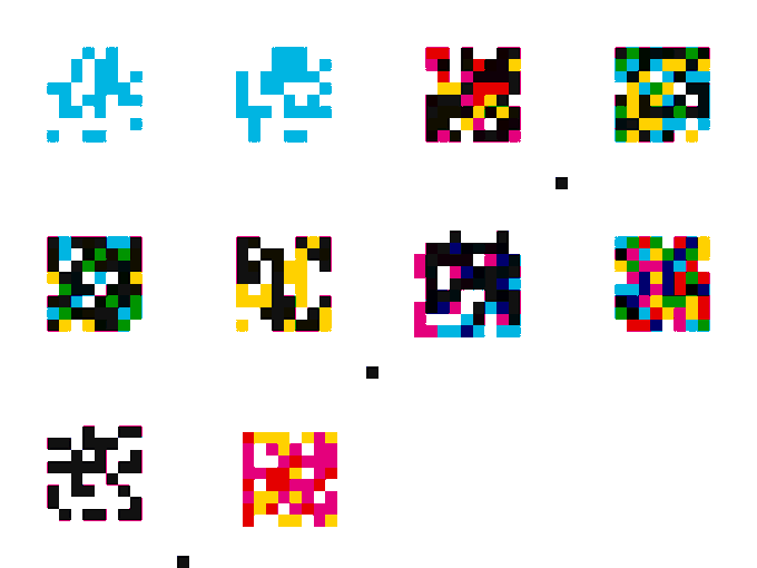 A collection of pixel art sprites featuring a simple blue character and several more complex, colorful abstract or alien-like designs.