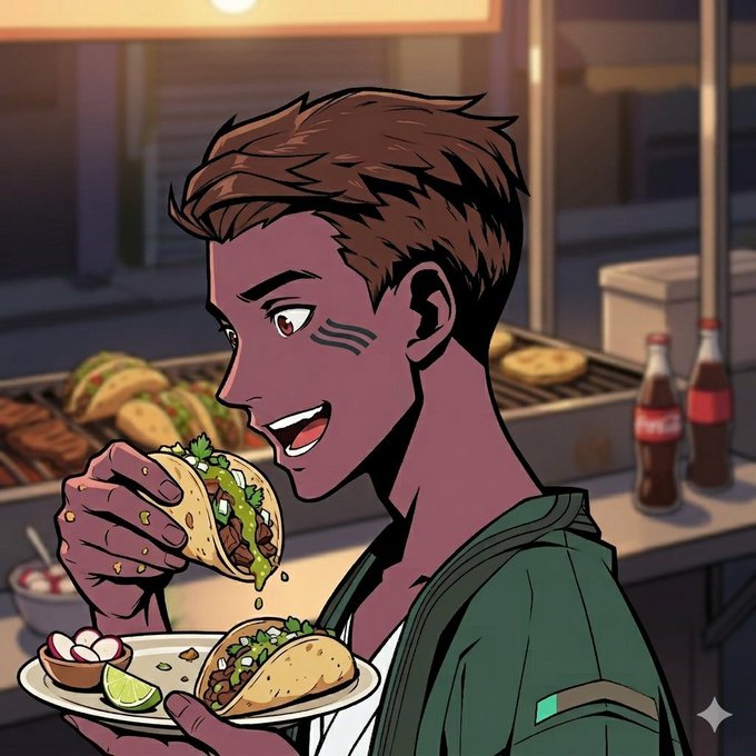 A cartoon-style illustration shows a smiling young man with brown hair and tribal face markings enthusiastically eating a taco from a plate that also holds lime wedges and radishes, with more tacos and soda bottles visible at a food stand behind him.