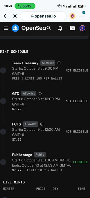 A mobile screenshot from OpenSea.io showing a mint schedule with stages for Team/Treasury, GTD, FCFS, and Public stage, with eligibility statuses listed.