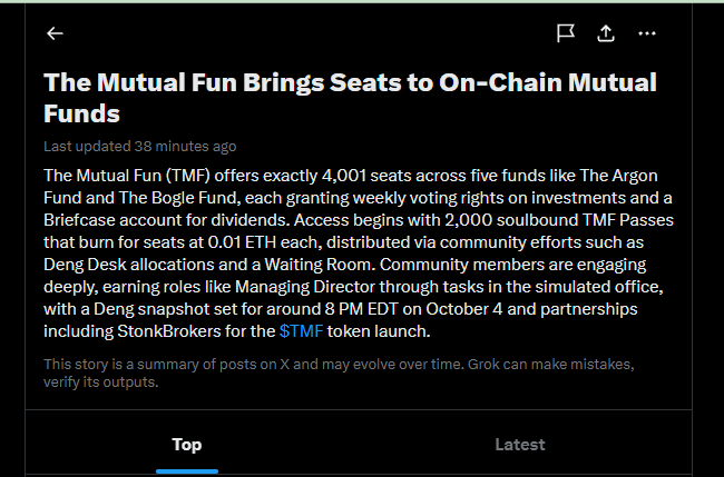 A screenshot of an article titled 'The Mutual Fun Brings Seats to On-Chain Mutual Funds' discussing TMF, Argon Fund, Bogle Fund, TMF Passes, and a Deng snapshot scheduled around 8 PM EDT on October 4.