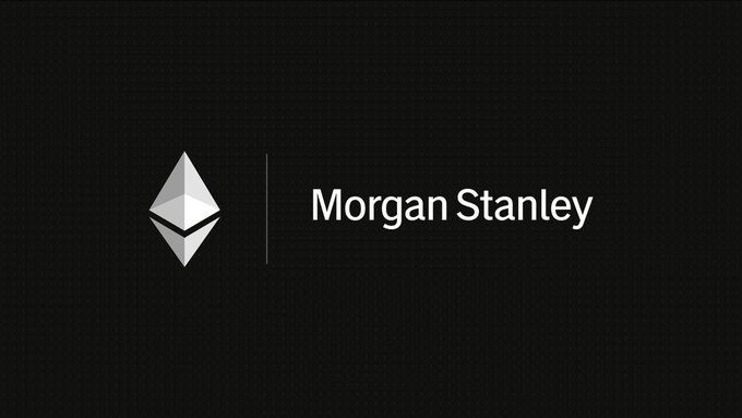 The image displays the Morgan Stanley logo alongside its name on a black background. It relates to the post by illustrating the financial giant mentioned as now offering Ethereum staking services, reinforcing the message of major institutional involvement in the Ethereum ecosystem.
