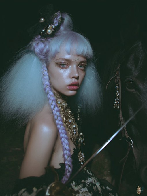 A pale figure with lavender braided hair and ornate gold jewelry poses alongside a dark horse, embodying the "Dark Horse" theme of mystery and hidden depths referenced in the post.