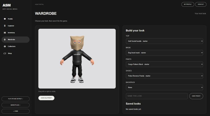A screenshot of the ASM (Anti Social Media) 'WARDROBE' profile customization screen showing an avatar in a starter outfit with options to change top, mask, pants, shoes, and backpack.