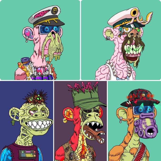 A collection of six cartoon-style Bored Ape-style NFT characters with various accessories including sailor hats, VR headsets, and crowns.