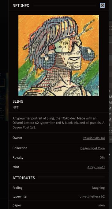 An NFT info panel displaying 'SLING' - a typewriter portrait of Sling, the TOAD dev, created with an Olivetti Lettera 62 typewriter, part of the Degen Poet collection by owner itakeinitalls.sol.