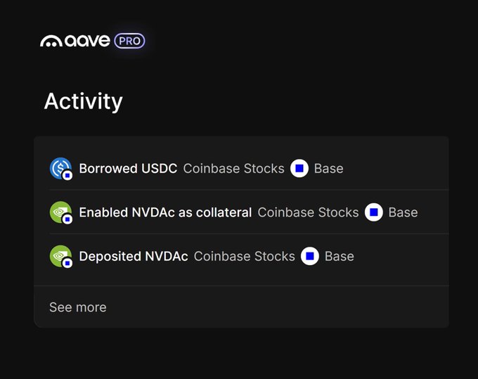 An Aave PRO Activity screen displaying recent transactions: "Borrowed USDC," "Enabled NVDAc as collateral," and "Deposited NVDAc" on Coinbase Stocks via Base network.