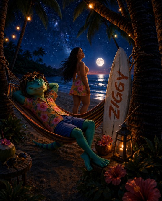 A woman in a floral dress stands under a moonlit tropical sky with a milky way backdrop, while a green lizard creature wearing sunglasses and a Hawaiian shirt relaxes in a hammock beside a surfboard labeled "ZIGGY."