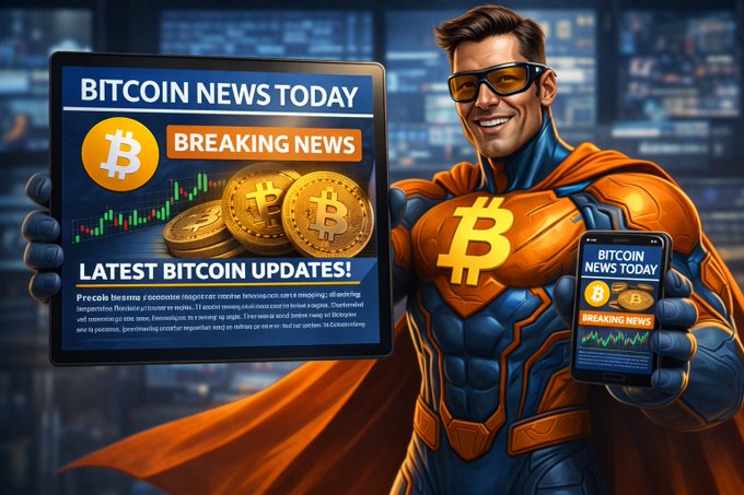 A superhero character in an orange and blue costume with a Bitcoin 'B' logo on his chest holding a tablet displaying 'BITCOIN NEWS TODAY - BREAKING NEWS - LATEST BITCOIN UPDATES!'