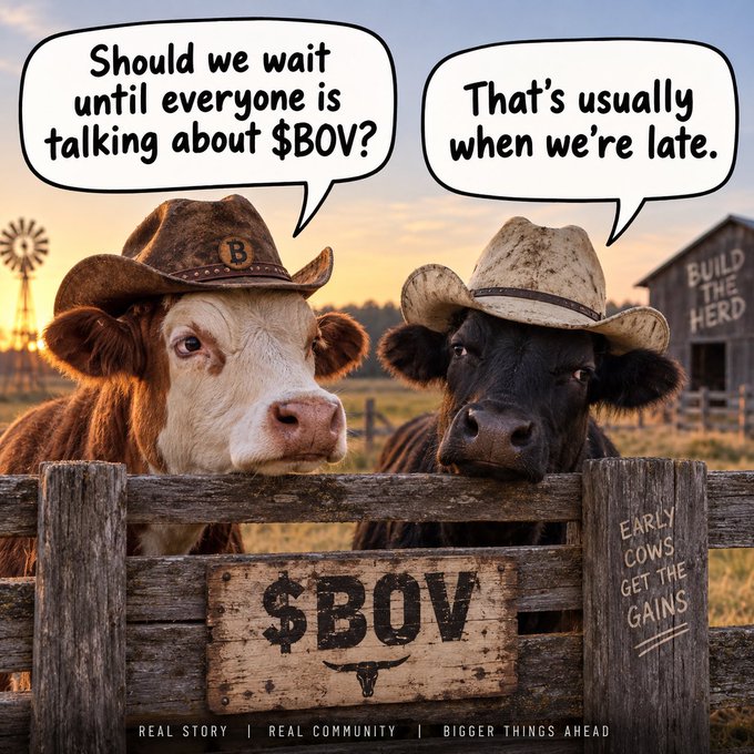 A promotional meme image featuring two cows wearing cowboy hats behind a fence with a '$BOV' sign, with speech bubbles reading 'Should we wait until everyone is talking about $BOV?' and 'That's usually when we're late,' along with 'BUILD THE HERD' and 'EARLY COWS GET THE GAINS' text.