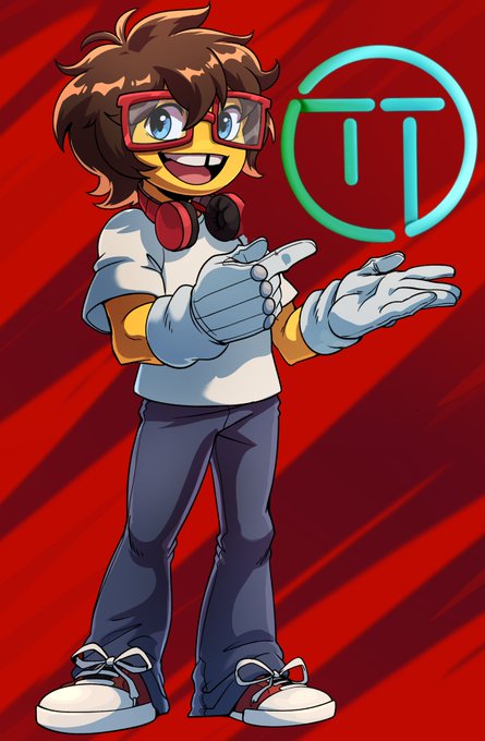 A cartoon illustration of a smiling character with brown hair, red glasses, headphones, white shirt and jeans, presenting a green Pi (π) symbol on a red background.