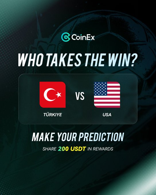 The image features an advertisement for CoinEx, which appears to be related to predicting the outcome of a soccer match between Turkey and the USA. The text on the poster reads "Who takes the win? Turkey vs USA", indicating that the viewers are trying to predict the winner of this soccer match. The poster also includes a call-to-action button for users to share their predictions, with the promise of receiving 200 USDT rewards in return.