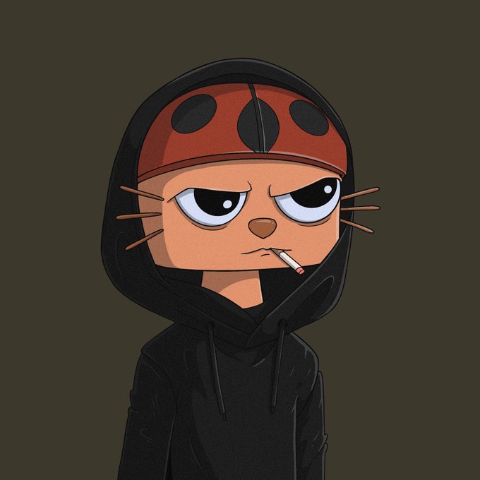 An illustrated cartoon character wearing a black hoodie and a red bandana with black spots, with a cigarette in their mouth and an angry expression.