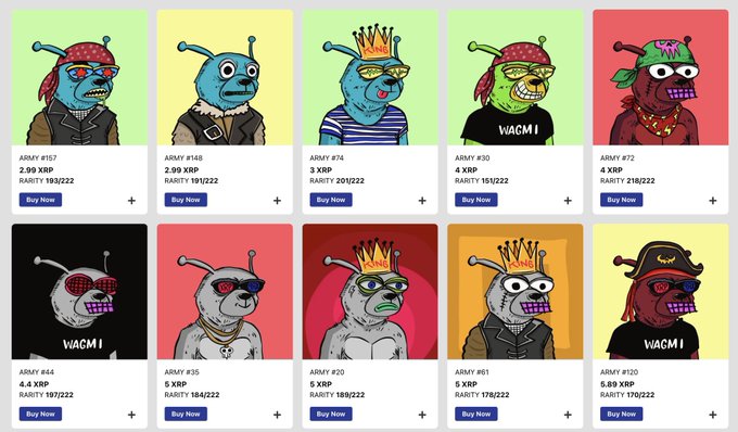 An NFT marketplace page displaying a grid of ten cartoonish alien character collectibles from the 'WAGMI ARMY' collection, each listed with prices in XRP and 'Buy Now' buttons.