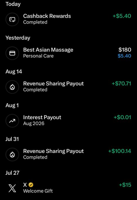 A financial transaction history shows cashback rewards (+$5.40) and a Best Asian Massage charge ($180, with $5.40 cashback) from Today/Yesterday, plus Revenue Sharing Payouts (+$70.71, +$100.14), an Interest Payout (+$0.01), and a $15 Welcome Gift — illustrating everyday spending earning rewards and passive income streams, embodying the "future of finance" through integrated cashback, revenue sharing, and interest earnings.