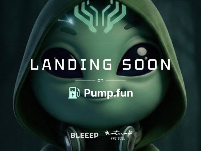 A 'LANDING SOON on Pump.fun' promotional graphic featuring a green alien character in a hoodie, with logos for 'BLEEEP' and 'iProtocol' at the bottom.