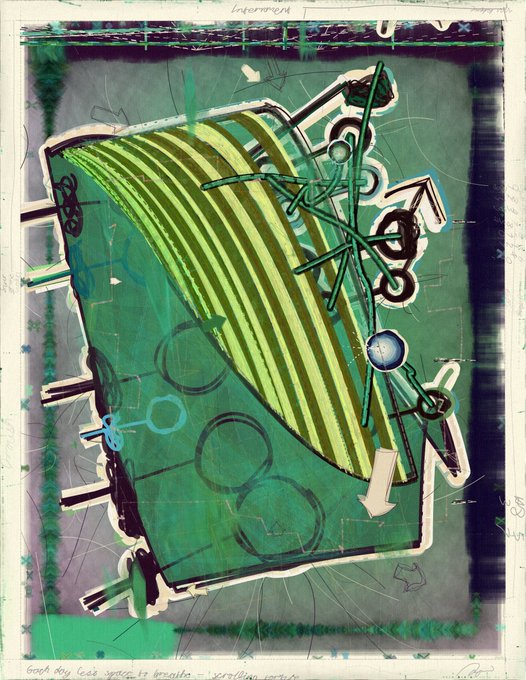 An abstract green and yellow print/artwork featuring geometric shapes, arrows, and circular elements with scribbled annotations.