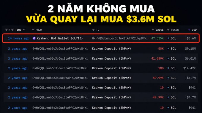 A screenshot of a crypto transaction tracker with Vietnamese text '2 NĂM KHÔNG MUA VỪA QUAY LẠI MUA $3.6M SOL,' highlighting a transaction from 14 hours ago where wallet GvHYQQLUwnb6cJpJuxBtAPPC2uWp84W... bought 47.535K SOL ($3.6M) via Kraken: Hot Wallet.