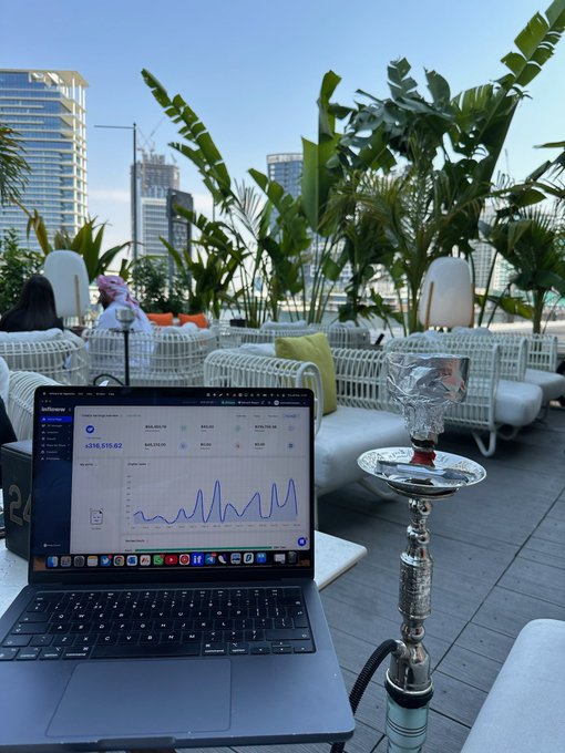 A laptop sits on an outdoor rooftop lounge next to a hookah, displaying a trading chart with balances around $216,515.82, $65,521.59, and $474,302.38 against a backdrop of tropical plants and city buildings.
