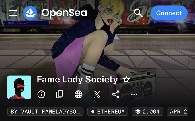 An OpenSea NFT collection page for "Fame Lady Society" by "VAULT.FAMELADYSO..." displayed on the Ethereum blockchain, showing 2,004 items with a low APR of 2.
