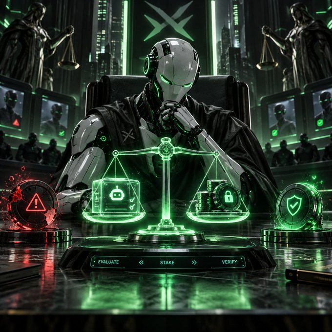 A futuristic sci-fi illustration of a robotic judge in black robes sitting before glowing green holographic scales of justice, with interface text "EVALUATE", "STAKE", and "VERIFY" at the bottom.
