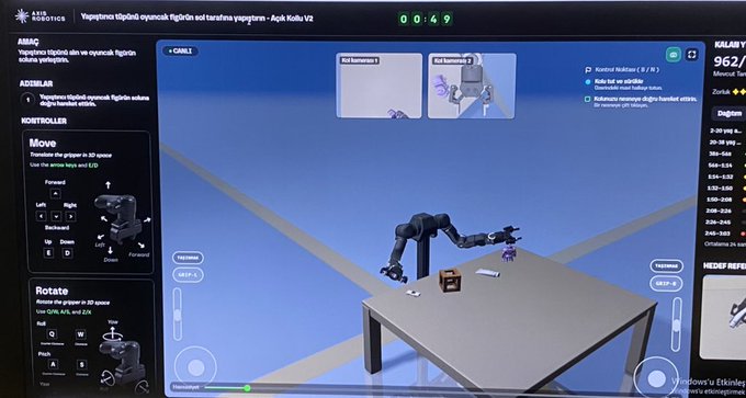 A screenshot of the ARIS Robotics web-based simulator shows a 3D robotic arm on a table with controls for Move, Rotate, and Gripper in Turkish.