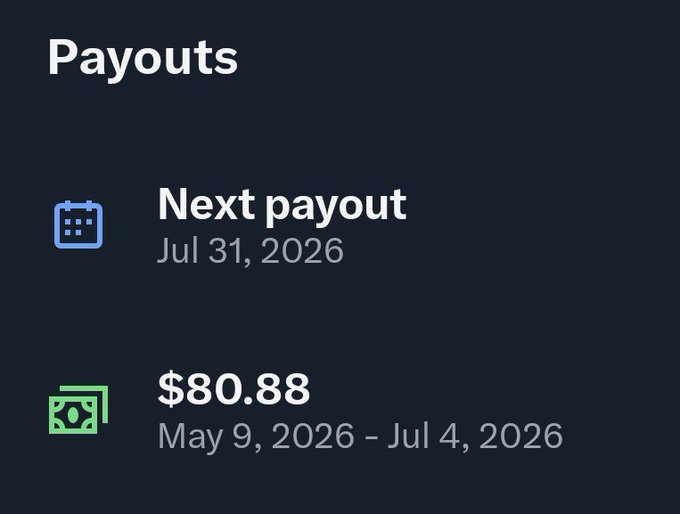 Mobile app screen showing Payouts information with a next payout date of Jul 31, 2026 and an $80.88 payment listed for May 9, 2026 - Jul 4, 2026.