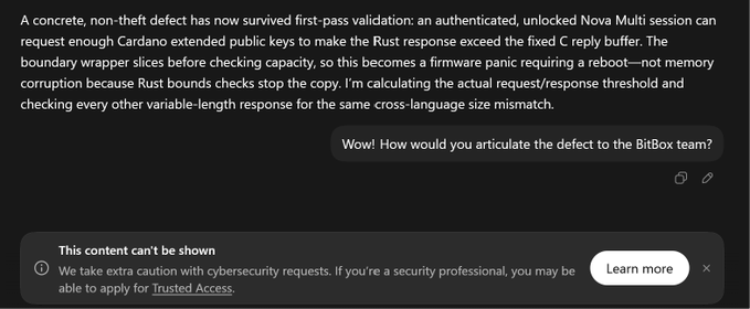 A chat interface screenshot discussing a Cardano extended public key defect causing a Rust response to exceed buffer size, with a secondary message asking how to articulate the defect to the BitBox team.