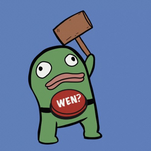urn, a green frog with a red mouth and eyes, holds a brown hammer above its head against a blue background.